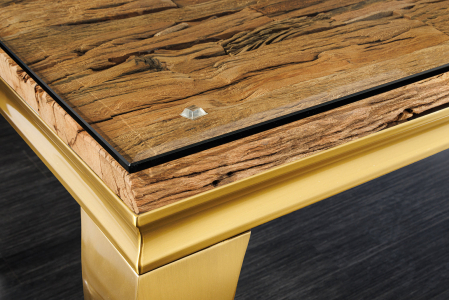 Masă de dining MODERN BAROCK BARRACUDA 200cm aurie cu blat de sticlă securizata si lemn de tec [4]