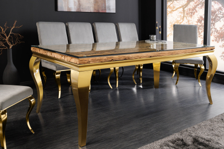 Masă de dining MODERN BAROCK BARRACUDA 200cm aurie cu blat de sticlă securizata si lemn de tec [2]