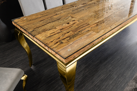 Masă de dining MODERN BAROCK BARRACUDA 200cm aurie cu blat de sticlă securizata si lemn de tec [3]