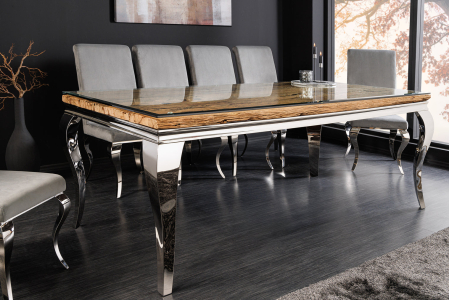 Masă de dining MODERN BAROCK BARRACUDA 200cm cromată cu blat din sticlă securizata si lemn masiv de tec [3]