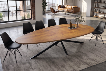 Masă de dining ORGANIC ARTWORK, ovală, 240 cm, din lemn de salcâm, finisaj maro miere, cu ramă cu stele negre [1]