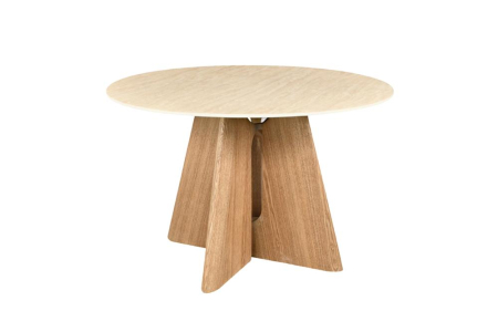 Mese bucatarie & dining - Masă de dining ORGANIKO rotundă de 120 cm, placată cu lemn de stejar, cu blat din ceramică cu aspect de travertin