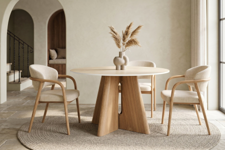 Masă de dining ORGANIKO rotundă de 120 cm, placată cu lemn de stejar, cu blat din ceramică cu aspect de travertin [1]