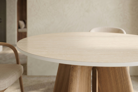 Masă de dining ORGANIKO rotundă de 120 cm, placată cu lemn de stejar, cu blat din ceramică cu aspect de travertin [3]