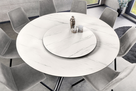Masă de dining SPIN Ø 150cm cu platou detașabil ceramic aspect marmură alb [1]