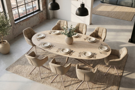Masă de dining TRAVERTIN 220 cm ovală, ceramică, culoare șampanie-greige [1]