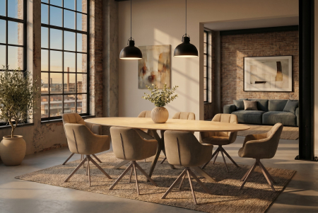 Masă de dining TRAVERTIN 220 cm ovală, ceramică, culoare șampanie-greige [8]