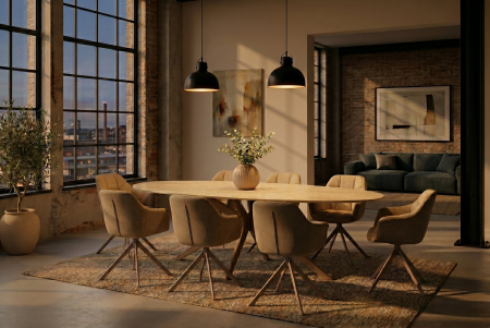 Masă de dining TRAVERTIN 220 cm ovală, ceramică, culoare șampanie-greige [10]