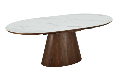 Dining - Masă de dining UNIQUE 160-200cm extensibilă, aspect lemn de nuc închis, blat din ceramică albă și marmură