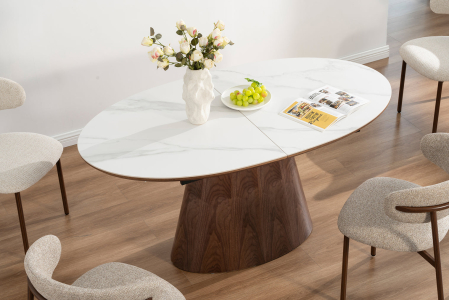 Masă de dining UNIQUE 160-200cm extensibilă, aspect lemn de nuc închis, blat din ceramică albă și marmură [3]