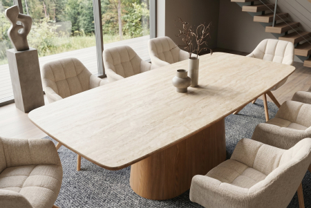 Masă de dining UNIQUE 200 cm, placată cu lemn de stejar, cu blat din ceramică cu aspect de travertin și picior central [2]