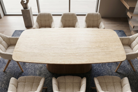 Masă de dining UNIQUE 200 cm, placată cu lemn de stejar, cu blat din ceramică cu aspect de travertin și picior central [3]
