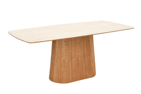 Mese bucatarie & dining - Masă de dining UNIQUE 200 cm, placată cu lemn de stejar, cu blat din ceramică cu aspect de travertin și picior central