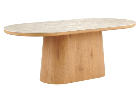 Dining - Masă de dining UNIQUE, ovală, 200 cm, din lemn de stejar furniruit, cu blat din travertin și picior central