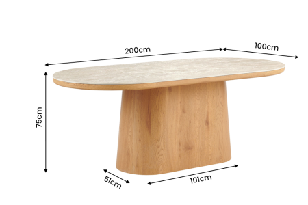 Masă de dining UNIQUE, ovală, 200 cm, din lemn de stejar furniruit, cu blat din travertin și picior central [6]