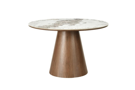 Mese bucatarie & dining - Masă de dining UNIQUE, rotundă, de 120 cm, din lemn de stejar furniruit, cu blat din ceramică Pandora cu aspect de marmură și picior central