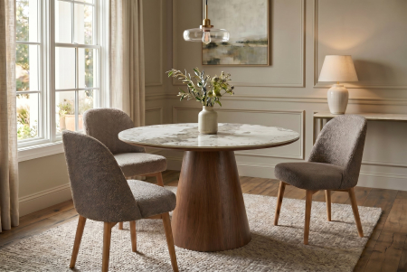 Masă de dining UNIQUE, rotundă, de 120 cm, din lemn de stejar furniruit, cu blat din ceramică Pandora cu aspect de marmură și picior central [1]