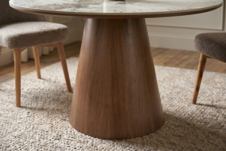 Masă de dining UNIQUE, rotundă, de 120 cm, din lemn de stejar furniruit, cu blat din ceramică Pandora cu aspect de marmură și picior central [4]