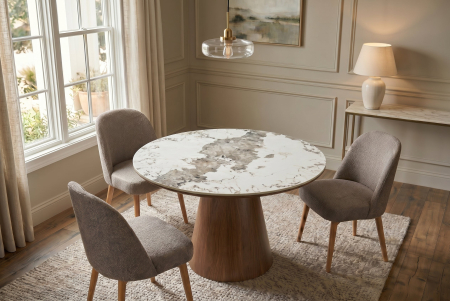 Masă de dining UNIQUE, rotundă, de 120 cm, din lemn de stejar furniruit, cu blat din ceramică Pandora cu aspect de marmură și picior central [2]
