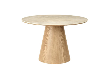 Mese bucatarie & dining - Masă de dining UNIQUE, rotundă, de 120 cm, placată cu furnir de stejar, cu blat din ceramică cu aspect de piatră travertin și picior central