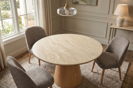 Masă de dining UNIQUE, rotundă, de 120 cm, placată cu furnir de stejar, cu blat din ceramică cu aspect de piatră travertin și picior central [2]