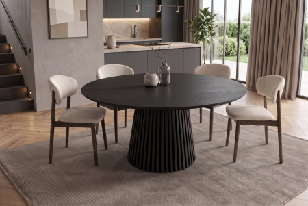 Masă de dining VALHALLA WOOD Ø 140 cm, rotundă, cu picior canelat, placată cu lemn de stejar negru [1]