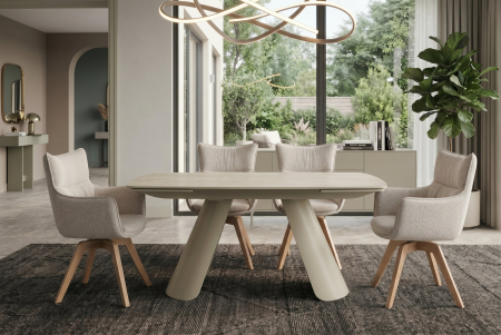 Masă de dining VOGUE 160-240 cm extensibilă, blat din ceramică travertin bej cu cadru metalic gri-bej [6]