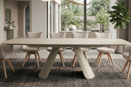 Masă de dining VOGUE 160-240 cm extensibilă, blat din ceramică travertin bej cu cadru metalic gri-bej [2]