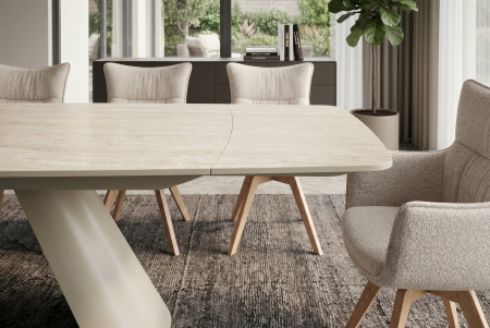Masă de dining VOGUE 160-240 cm extensibilă, blat din ceramică travertin bej cu cadru metalic gri-bej [7]