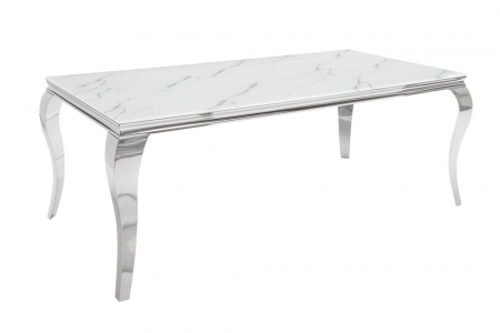 Mese bucatarie & dining - Masa dining Barock cu blat din sticla opal si picioare din otel inoxidabil argintiu, 180 cm