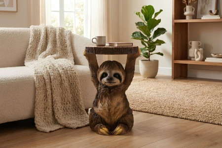 Masă laterală SLOTH 50cm sculptură cu leneș , lucrată manual , gri maro. [1]