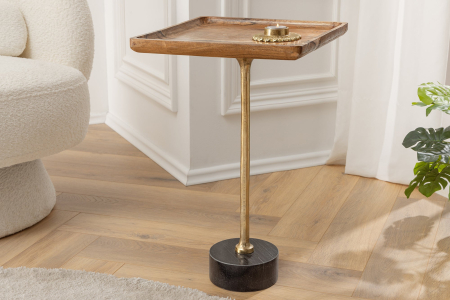 Masă laterală TRAYFUL 55cm pătrată, blat din salcâm 35cm și bază din marmură [3]