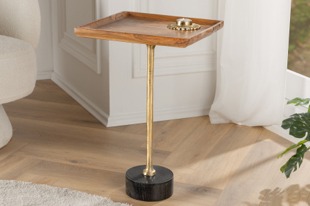 Masă laterală TRAYFUL 55cm pătrată, blat din salcâm 35cm și bază din marmură [2]