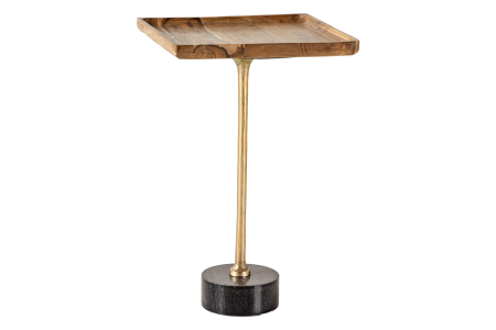 Living - Masă laterală TRAYFUL 55cm pătrată, blat din salcâm 35cm și bază din marmură