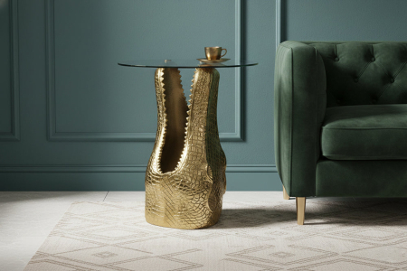 Masă laterală WILDLIFE CROCODILE 50cm,masă de cafea rotundă, sticlă securizată, aurie [1]