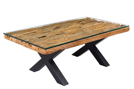 Living - Masuta de cafea BARRACUDA din lemn reciclat de tec si blat din sticla, 110 cm