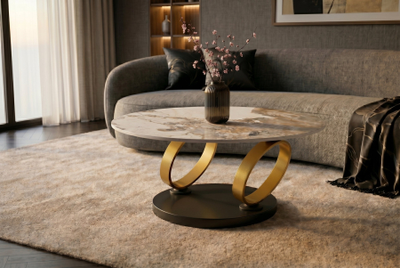 Măsuță de cafea DANCING RINGS 80-135 cm rotundă, rotativă, cu inele Pandora din ceramică auriu mat [9]