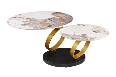 Living - Măsuță de cafea DANCING RINGS 80-135 cm rotundă, rotativă, cu inele Pandora din ceramică auriu mat