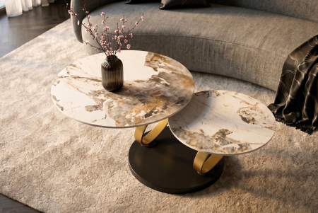 Măsuță de cafea DANCING RINGS 80-135 cm rotundă, rotativă, cu inele Pandora din ceramică auriu mat [3]