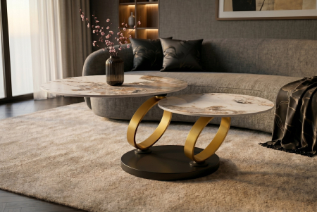Măsuță de cafea DANCING RINGS 80-135 cm rotundă, rotativă, cu inele Pandora din ceramică auriu mat [5]