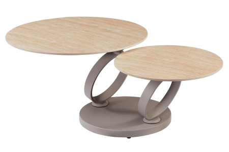 Living - Măsuță de cafea DANCING RINGS 80-135 cm rotundă, rotativă, din ceramică travertin, culoare șampanie-greige