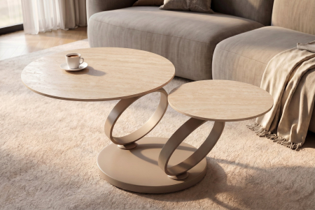 Măsuță de cafea DANCING RINGS 80-135 cm rotundă, rotativă, din ceramică travertin, culoare șampanie-greige [5]