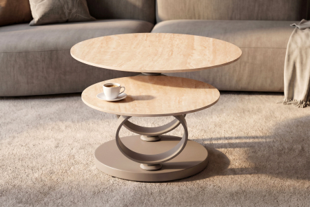 Măsuță de cafea DANCING RINGS 80-135 cm rotundă, rotativă, din ceramică travertin, culoare șampanie-greige [7]