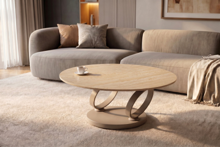 Măsuță de cafea DANCING RINGS 80-135 cm rotundă, rotativă, din ceramică travertin, culoare șampanie-greige [6]