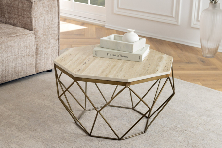 Măsuță de cafea DIAMOND 70 cm, cadru din alamă, blat din travertin bej [3]