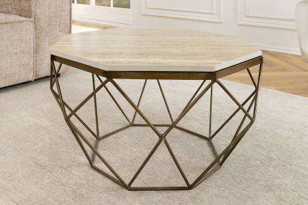 Măsuță de cafea DIAMOND 70 cm, cadru din alamă, blat din travertin bej [1]