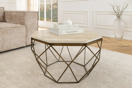 Măsuță de cafea DIAMOND 70 cm, cadru din alamă, blat din travertin bej [2]