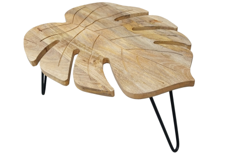 Living - Măsuță de cafea LEAF 75 cm, în formă de frunză, din lemn de mango natural, cu picioare negre în formă de agrafă