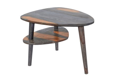 Living - Măsuță de cafea ORGANIC LIVING 55 cm, formă organică, cu raft deschis de depozitare, din lemn de sheesham, finisaj gri fum