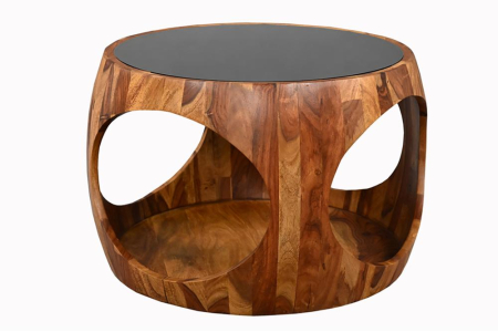 Living - Măsuță de cafea ORGANIC LOOP, rotundă, 60 cm, blat din sticlă neagră, cu compartiment de depozitare deschis, din lemn de sheesham maro